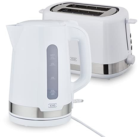KHG Wasserkocher und Toaster-Set 2-teilig, 2.200 & 850 W, Volumen | Frühstücksset mit Kapazität 1,7 L & 2 Scheiben Toast, Küchenset mit Kalkfilter & Krümmelauffang, weiß, für Frühstück