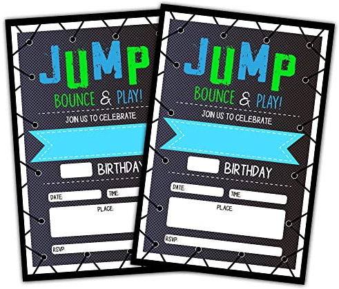 CLIRBE Trampoline Jump Birthday Party Invitations, Bounce House Birthday Invitations For Boys Girls, Kids Birthday Invites, Theme Birthday Party Decorations, 20 Invitations with 20 Envelopes - B02