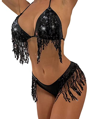 Womens Sequin Fringe Bikini Sets Sexy Two Piece Swimsuits Bathing Suits w Tassel Thong Bottom 90S Outfit Clubwear Black
