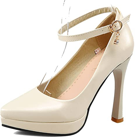Donna Pompe a Spillo Appuntito Pompe di Moda Fibbia Scarpe da Sera con Tacco Alto con Plateau con Cinturino alla Caviglia, 225Qrs Beige Numero 39 EU
