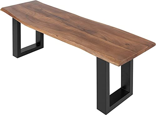 SAM Esszimmerbank Quintus 160x42 cm Akazie nussbaum Baumkante U-Gestell | Baumkantenbank massiv, Akazienholz nussbaumfarben, 26 mm Platte, echte Baumkante, Sitzbank, Gestell Schwarz