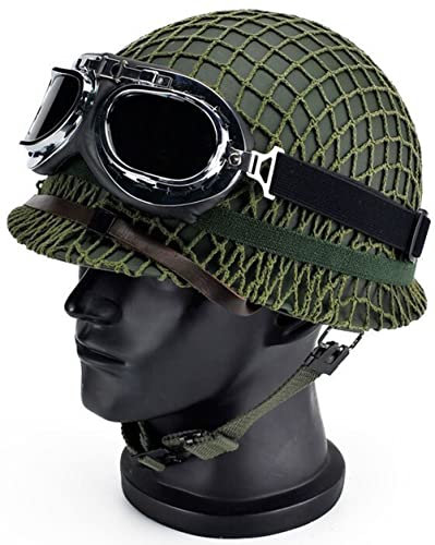 REMEK Casque en Acier M1 WW2, Casque De Sécurité M1 WW II Casque Acier D'imitation D'équipement Militaire Américain avec Filet Et Lunettes De Protection
