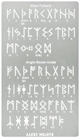 Aleks Melnyk Nr.409 Metallschablone, Elder Futhark und angelsächsische Runen 0,5 Zoll, altes Alphabet, Siegel, magische Alphabet-Schablone Vorlage für Holzverbrennung, Brandmalerei-Gravur