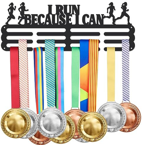 SUPERDANT Lauf Medaillenhalter Display „I Run Because I Can“ Trophäenaufhänger Motivationstext Sport Wandhalterung Aus Metall Ohne Haken Zum Aufhängen von 60 Medaille Schwarz