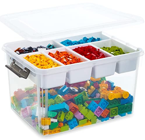 Citylife 30L Boîte de rangement avec couvercle, Boîte à jouets, Transparent, Clips de Fermeture, 6 compartiments de rangement, Idéal pour trier les blocs, les jouets et les petits objets