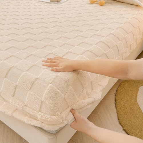 Hiseng Flanell Spannbettlaken, Weiches Spannbetttuch Leintuch, bis 30cm Matratzenhöhe, Elastisches Matratzenschoner für Boxspringbett & Wasserbett (200x220cm (Spannbettlaken),Kariertes Beige)