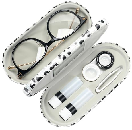 Muf 2 in 1 Double Sided Portable Contact Lens Case and Eyeglasses Case,Dual Use Design with Built-in Mirror,Tweezer and Contact Lens Solution Bottle Included for Travel Kit,Leopard Silver