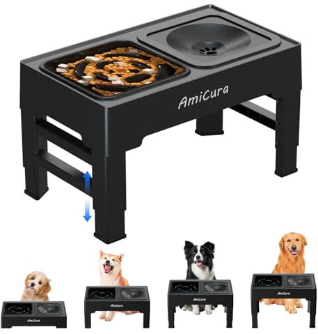 Amicura Hundenapf Erhöht, 2-in-1 Auslaufsicher Faltbarer Wassernapf & Antischlingnapf, 4 Höhenverstellbarer Erhöhte Hundebars für Hunde, Fressnäpfe für Grosse/Kleine Hunde, Futternapf erhöht