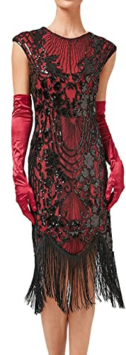 KBOPLEMQ Abito da donna Gatsby Charleston da sera abito da ballo anni 1920 stile retrò cocktail flapper con paillettes, lungo, anni 1920, abito da cocktail flapper, in tulle, M rosso., XL