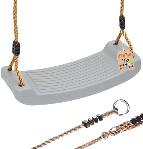 TRIBECCO Schaukelbrett Grau – Rutschfester Kunststoff-Sitz mit Verstellbarer Seilaufhängung – Kinderschaukel für drinnen & draußen, für Kinder von 3–12 Jahren, bis 50 kg