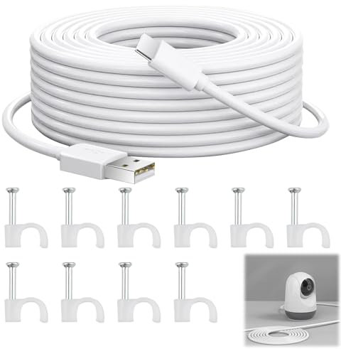 JUGNAW Cavo USB 10 Metri Lungo 10m per Telecamere di Sicurezza Xiaomi Mi, Compatibile con Outdoor, Risoluzione 1080p 2K, Ealizzato in PVC, Confezione con Clips di 10 Fissaggio