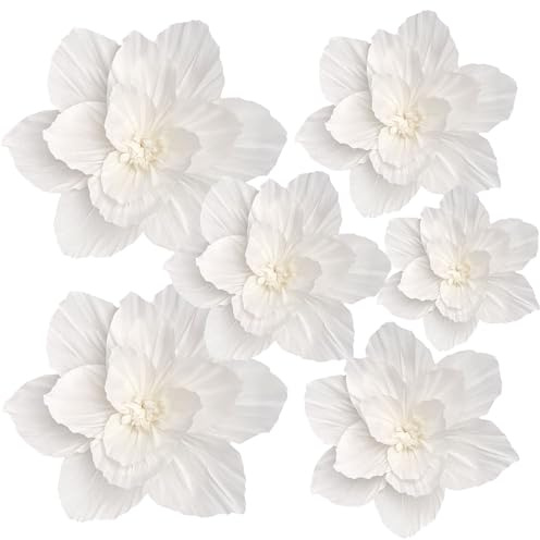 Erastom 6PCS Paper Flowers Artificial Wall Decor 3D Tissue Paper Flowers Wedding Birthday Room Decor White Ivory Bridal Baby Shower Nursery Room Backdrop Table Centerpieces Party Decorations