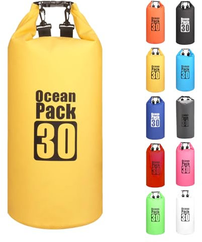 MORAINJAY 30L Wasserdichter Beutel, Gelb Dry Bag 2L/5L/10L/15L/20L/25L/30L mit Verstellbarem Gurt, Schützt Telefon/Karte, Roll Top Wasserdichter Beutel Rucksack für Schwimmen/Rafting/Bootfahren