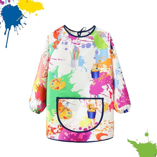 POPAPIE Bata Pintura Niños Manga Larga Delantal Pintura Niños con Bolsillo Delantal Pintura Conjunto Escolar Impermeable para Niñas y Niños Cocina Manualidades para Altura 100-120 cm