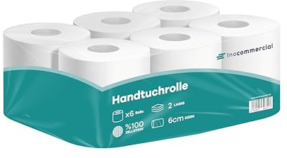 Inoverse Handtuchrollen 6 Rollen, Papierhandtücher Rolle 23x18 cm, 2-lagig | Perforiert mit 360 Blatt je Weiß Rolle, Werkstatt Papierrollen, Innen und Außenabwicklung, weich-saugstar, für Küche Haushalt