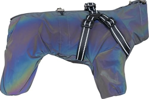BT Bear Hundegeschirr-Regenmantel, Verstellbare 4-Bein-Hundejacke mit Geschirr Reflektierender Overall Wasserdichter Mantel für kleine und mittlere Hunde, Laser Grau XXL