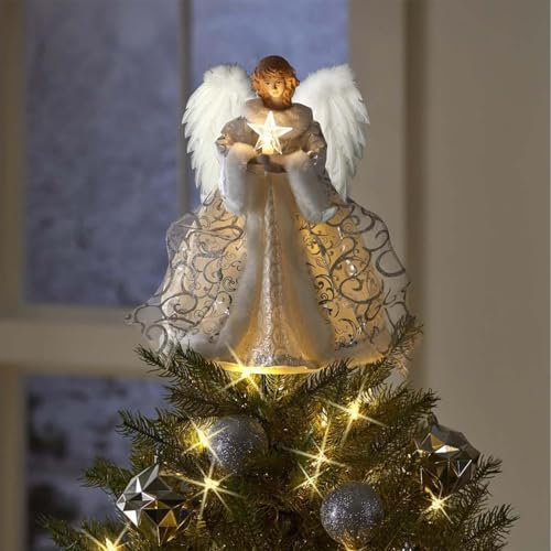 Engel Weihnachtsbaumspitze 20cm Engel Mit Feder Flügeln Christbaumspitze Engel Beleuchtete Baumspitze Für Weihnachtsbaum Party Home Decor, LED Beleuchtete Christbaumspitze Baum-Spitzenengel Figur