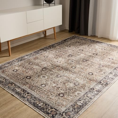 benuta Basic Waschbarer Teppich George - Anthrazit/Taupe 140x200 cm - Kunstfaser - Rechteckig & im Style: Vintage, Elegant, Retro - Pflegeleicht für Wohnzimmer Schlafzimmer
