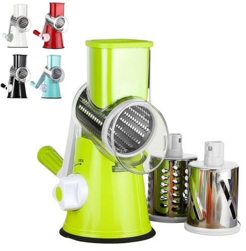 maison culte maisonculte RotoChef - Mandoline a légumes Manuelle Coupe Legumes Multifonctions avec 3 Lames de Tambour Détachables pour Pommes de Terre, Carottes, Fromage, Forte Aspiration
