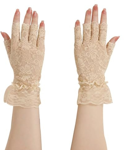 Women's Lace Fingerless Gloves Short Half Finger Wedding Net Gloves Sexy Lace Driving Gloves (Beige-1)