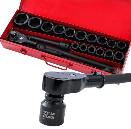 KATSU Tools Coffret douilles à chocs 21 pièces – cliquet 24 dents 3/4″, douilles profondes métriques 6 pans 19‑50 mm, mallette acier