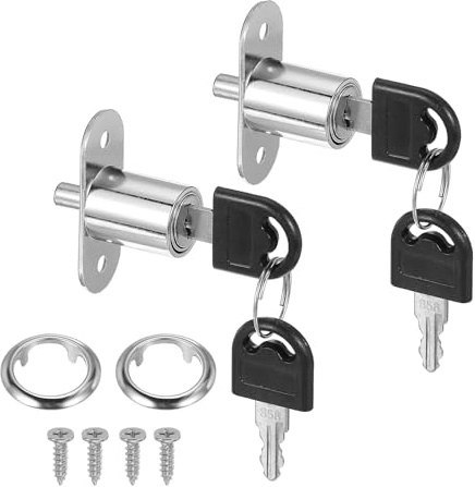 sourcing map Push Plunger Lock with Keys & Screws & Locking Ring 3/4 Cylinder Diameter, Keyed Alike 7/8 Cylinder Length for Window Barn Drawer Cabinet (Pack of 2, Silver)