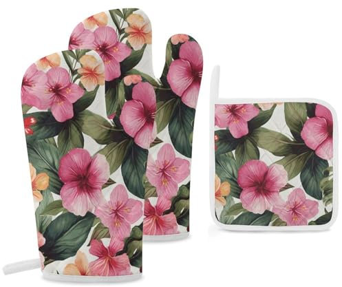 Hawaiian Flower Print Oven Mitts and Pot Holders Sets of 3 High Heat Resistant Non-Slip Oven Gloves and Hot Pads Washable Cooking Gloves for Kitchen Cooking Baking BBQ