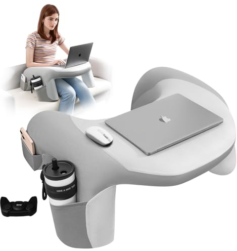 WOGAHEV Reading Pillow for Bed, Lap Desk for Laptop, Memory Foam Arm Rest Support Gaming Pillow with Cup/Phone Pocket, Laptop Lap Desk for Working, Gaming, Reading on Couch Bed Floor- Grey