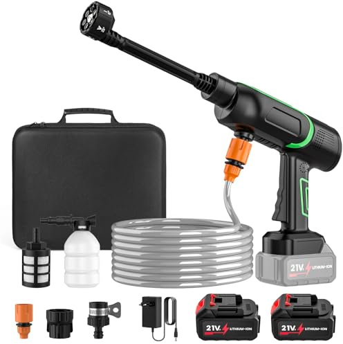 Mioanser Idropulitrice a Batteria, 50 Bar, Portatile, 2 x 3.0Ah Batterie, Ugello 6 in 1, Regolazione Pressione 3 Stadi, Adatta per Auto e Giardino