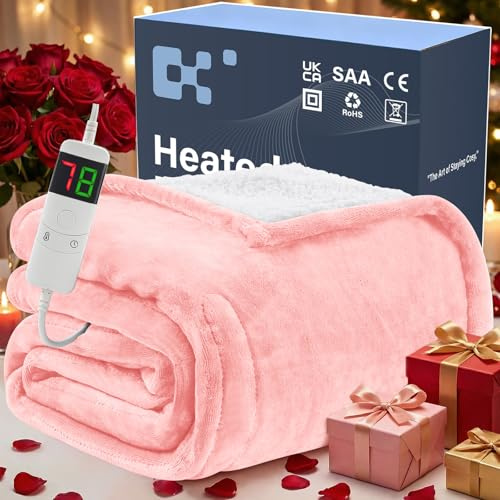 BOMOVA Electric Heated Blanket Single Throw (130x160cm,Light Pink)-Flannels Fleece Winter Warm Blanket,10-Level Heating & 5 Auto Timer,Cozy Sofa Throw for Home Office,Xmas House Warming New Home Gifts