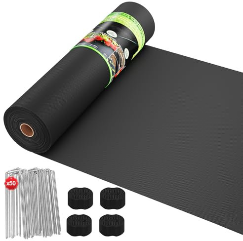 OUNUO Telo Pacciamatura 1 x 50M, 100g/m² Tessuto Non Tessuto Anti Erbacce, con 50 Picchetti a U, Telo Anti Erbacce per Orto, Giardino, Tessuto Permeabile all'Acqu, Stabilizzazione UV, Nero