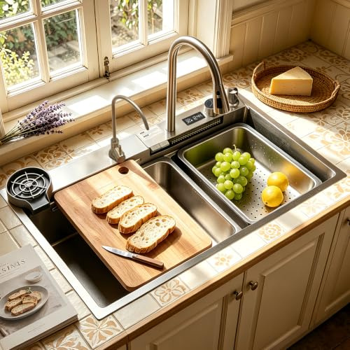 Fregadero de cascada de 85x50cm, 1 pila rectangular, gran fregadero de acero inoxidable cepillado para cocina - fregadero de trabajo con grifo extraíble, sifón, desbordamiento y desagüe