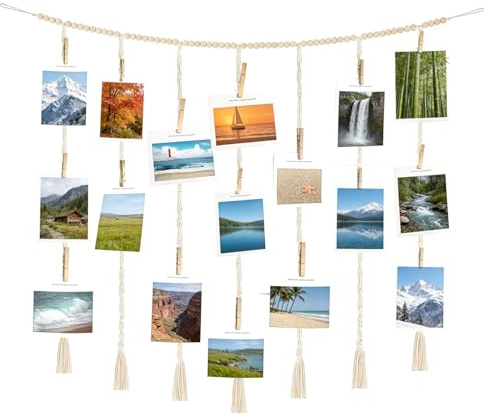 FontFable Fotowand Bilderrahmen Collagen, Fotoseil mit Holzperlen und 45 Klammern, DIY Foto Display, Hängende Bilderrahmen Schlafzimmer Wohnzimmer Schlafsaal für die personalisierte Fotoanzeige