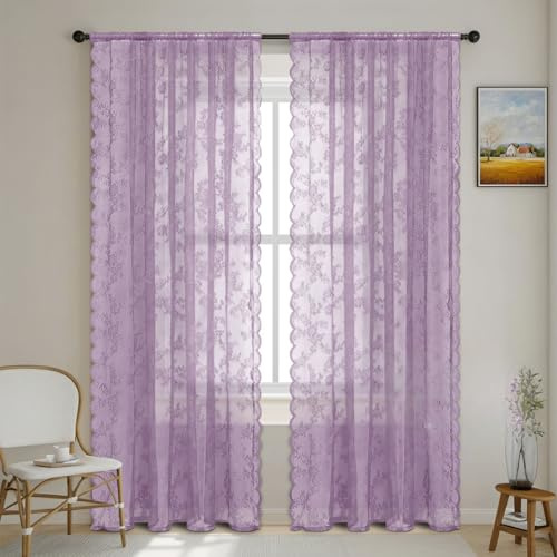 YKAFADE 2er Set Spitze Vorhang Blumen Stickerei Gardinenschal Gardinen Transluzente Vintage Dekoschal Ösenvorhänge Tüllvorhänge Fensterschal für Wohnzimmer Schlafzimmer -150x250cm(BxL),Lila