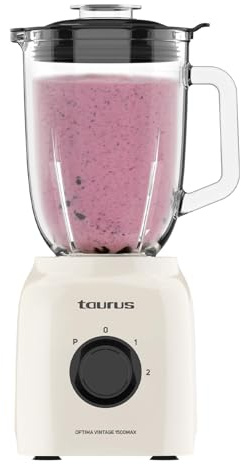 Taurus - Batidora de Vaso Potente 1500W | 21.500 rpm | Jarra Cristal 1,5L | Cuchillas Acero Inoxidable | Función Pica Hielo | 2 Velocidades + Turbo | Seguro | Diseño Vintage