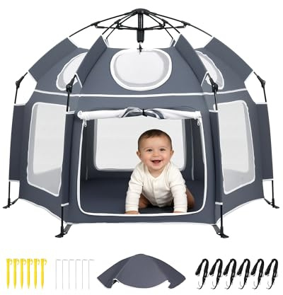 HOMGEN Laufstall Baby Faltbar Mit Baldachin 150x150cm Tragbarer Pop-Up Baby Playpen für Innen & Außen 360° Atmungsaktiv Mit Abnehmbarem Sonnenschutz Sicherheitsnetz für Reisen Camping Garten Grün