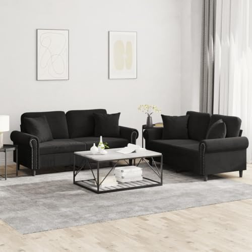 Ziaphsol 2-TLG. Sofagarnitur, Schwarz Samt, 152/172 cm Breite, Robuster Metallrahmen, Bequeme Wohnzimmer Couch mit Kissen, Moderne Polstergarnitur für Zuhause