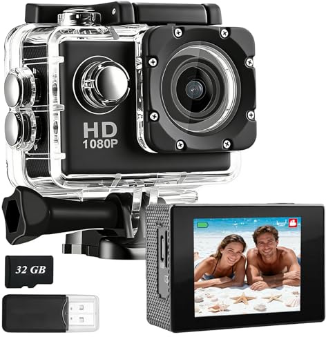 PQETBV Cámara Deportiva HD, Camara Subacuática 30M con 120 Grados Gran Angular, Cámara Subacuática Buceo 2 Baterías Recargables de 900mAh y Kit de Accesorios