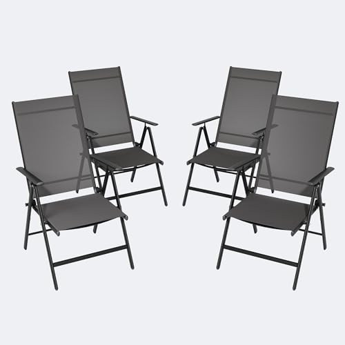 RTDTD Garten-Essstühle, 4er-Set, klappbare Gartenstühle mit 7-Fach Verstellbarer hoher Rückenlehne und Armlehnen, atmungsaktives Textilene und Stahlgestell für Garten, Balkon und Hinterhof, grau