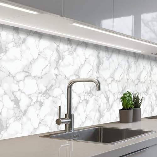KitchenYeah© Credence Adhesive Pour Cuisine Panneau Mural Adhesif Fond | 60x250 cm - Hotte Plaque Pvc Murale Peel And Stick Protege Mur Blanc - Marbre - Gris