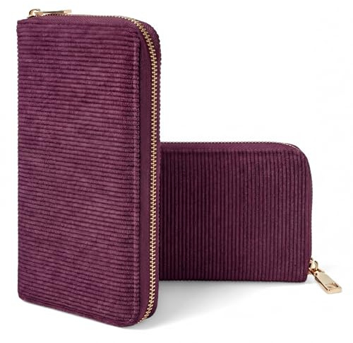 MillyMilk® Fondo Large – Großer Damen Cord Geldbeutel – Stoff Portemonnaie Vegan viel Platz für Karten, Münzen & Scheine – Formstabile Damenbörse mit Reißverschluss – Organizer Geldbörse (Berry)