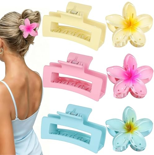 6 Piezas Pinzas Pelo Grande 8CM Rectangulares para Cabello Largo Grueso Hawaianas Pinza Flores Antideslisante Hair Claw Clip Colores Accesorios Para Peinados Para Mujeres y Niñas Playa Viajes (Tipo 2)