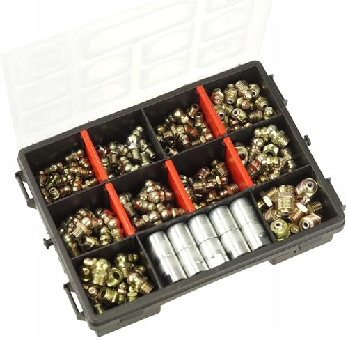 FEINZ Set di Ingrassatori 266 Pezzi M6 M8 M10 M12, Assortimento Ingrassatori Dritti e Angolati 45° 90° per Pompa per Grasso, Zincati per Officina, Veicoli e Industria