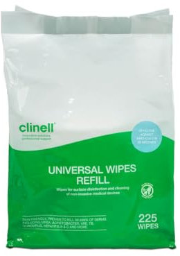Clinell Universal Cleaning and Disinfectant Wipes for Surfaces - 225 Wipes Refill Pack - Multi Purpose Wipes, Kills 99.99% of Germs, Effective from 30 Seconds