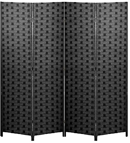 FDW Room Divider 6FT Wall Divider Wood Screen 4 Panels Wood Mesh Hand-Woven Design Room Screen Divider Indoor Folding Portable Partition Screen,Black