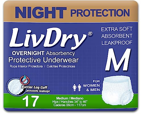 LivDry Adult M Incontinence Underwear, Overnight Comfort Absorbency, Leak Protection, Medium, 17-Pack