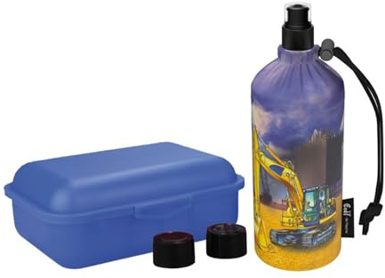 Emil Trinkflasche aus Glas inkl. Brotbox & Ersatzverschlüsse – Starterset zur Einschulung - BPA-frei & schadstofffrei, isolierend – Ziehverschluss für Wasser, Saft & Milch – Baustelle (0,4l)