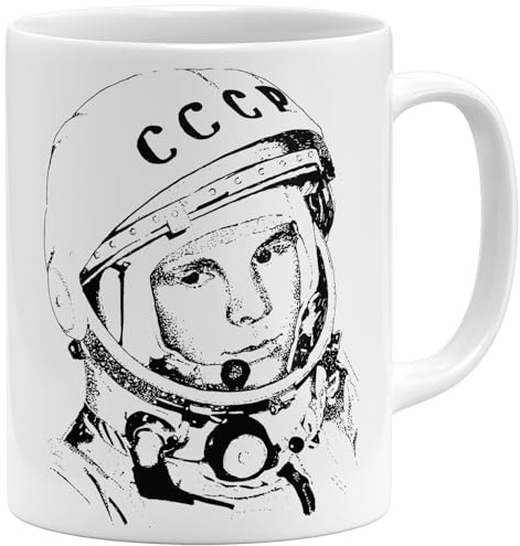 OM3® Juri Gagarin Kaffee-Tasse Kosmonaut Keramiktasse mit Astronauten-Motiv - Keramik Becher - 325ml - Beidseitig Bedruckt - Weiss