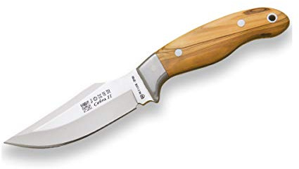 Joker Cuchillo de Monte Enterizo Cebra II CO40, con Mango de Olivo, Hoja de 11 cm y Mango de 11,5 cm, con Funda de Cuero, Herramienta de Pesca, Caza, Camping y Senderismo