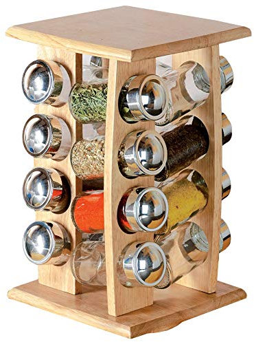 orion group Carrousel pour Cuisine, 16 pots à épices en verre d'une capacité de 80 ml | Présentoir à Épices Bois, Rotatif, | Hauteur 34,5 CM